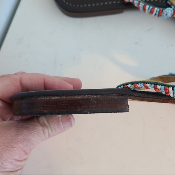 Indonesia Blue Colored Beaded Women Thong Leather Low Heel Sandal Size 10 - Picture 4 of 7